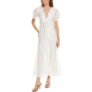 NWT Alice + Olivia Women's Off‎ White Embroidered Puff Sleeve Stori Midi Dress 4